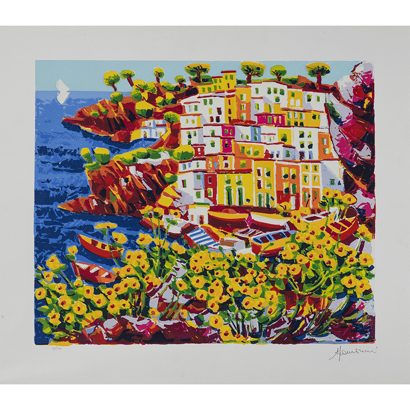 Athos Faccincani - Fiori Di Roccia A Riomaggiore Serigrafia 70x80 Cm